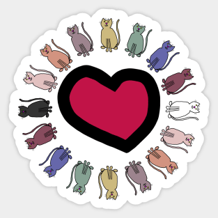 Circle of Balanced Rainbow Cats Around Valentine Heart Sticker